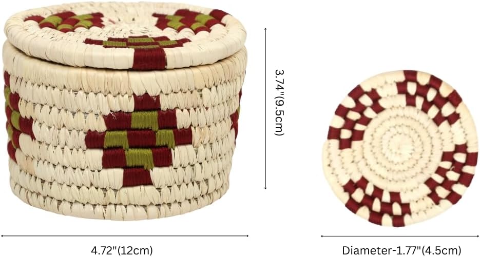 Natriel Sabai Grass Handwoven Round Coaster Set with Storage Box, Natural White with Burgundy and Green Pattern, 1.77 Inch Diameter, 6 Piece Set
