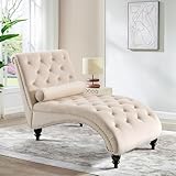 SLEERWAY Chaise Lounge Chair Indoor, Modern Velvet Upholstered Sofa with Solid Wooden Leg and Lumbar Pillow, Button Tufted Sleeper Chaise Lounge Chairs for Bedroom Living Room Office, Beige