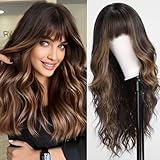 KOME Brown Wigs with Bangs,Brown Wig for Women Highlight Long Wavy Wig for Women,Long Curly Wigs Synthetic Hair Wig for Party Cosplay Daily Use 26IN…
