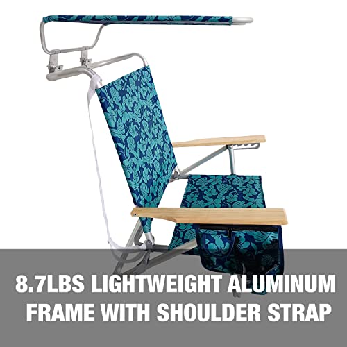 Bliss Hammocks Bbc-351-Bf Folding Beach Chair W/Canopy, 5 Reclining Positions, Storage Pouch, Phone Holder, Cup Holder, And Shoulder Straps Included, 275 Lbs. Capacity, Blue Flower #TOP2