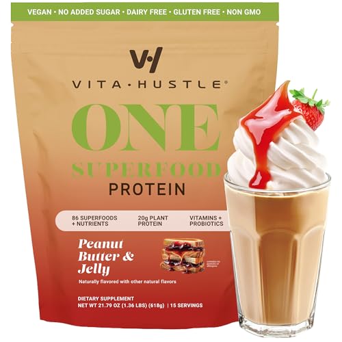 VitaHustle All-in-One Nutrition Shake, Peanut Butter & Jelly - Plant Based Protein Powder by Kevin Hart – Vegan Meal Replacement Shake with KSM66 Ashwagandha & 86+ Superfoods - Organic Meal Replacement Powder