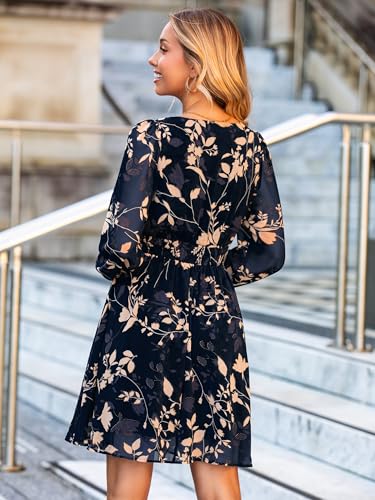 Simplee Womens Floral Mini Dress Long Sleeve Casual V Neck Chiffon Modest Boho Flowy Fall Wedding Guest Dresses4