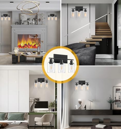 Bathroom Light Fixtures, 3-Light Vanity Lights, Black Bathroom Vanity Light with Clear Glass Shade, Modern Wall Lamp with Metal Frame, Wall lamps for Bedroom Washroom Living Room Hallway E26 Base - Thumbnail 6