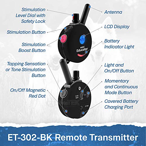 Image of Educator ET-302 Black Mini E Collar for Dog Training with Remote - 1 /2 Mile Range, Waterproof, 100 Blunt Stimulation Levels, Tone or Vibration Mode, Night Light for Small, Medium & Large Dogs (2 Dogs)