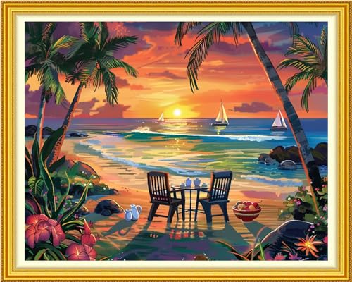 Image of Funchey Stamped Cross Stitch Kits, DIY Cross Stitch Pattern for Adults Beginners Needlepoint Kits Embroidery Kit Arts and Crafts 11CT-Rest by the Seaside 16x20 inch