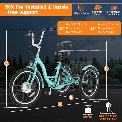 MOPHOTO Electric Tricycle for Adults & Seniors, 24/26″ 3