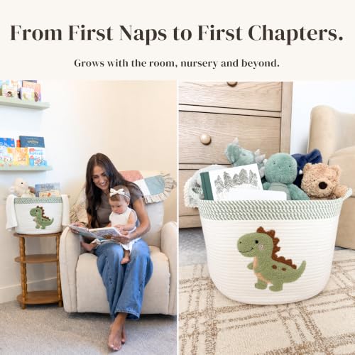 Image of Dinosaur Baby Storage Basket, Woven Cotton Rope Nursery Bin, 15x11 in | Stuffed Animal and Blanket Storage, Soft Felt Dinosaur Patch, Baby Nursery Decor, Baby Shower, Kids Playroom Organizer