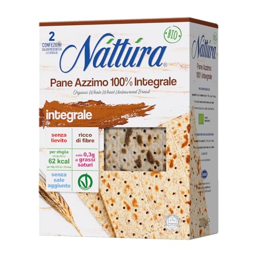 NATTURA Pane Azzimo Integrale Bio, Pane Azzimo Senza Lievito e Senza Sale Aggiunto, 100% Farina di Integrale, Fonte di Fibre, 62 Kcal per Sfoglia, Bassi Grassi Saturi, Prodotto Vegano, 200 g