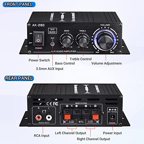 Facmogu Ak280 200W+200W Mini 2.0 Ch Audio Power Amplifier, 2.0 Ch Receiver Speaker Amp With 12V 5A Power Supply, Bass & Treble Control Music Player Sound Amplifier For Car Home Garage #TOP2