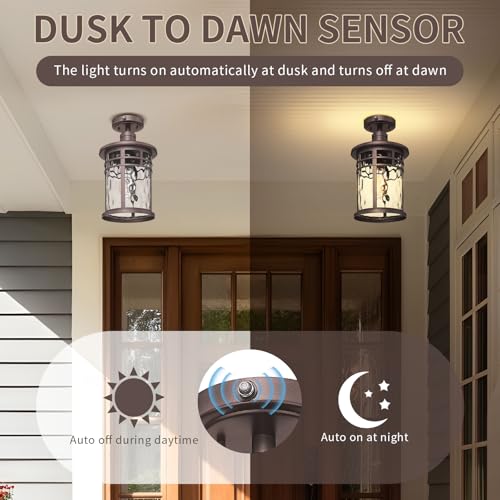 Darkaway Semi Ceiling Light Fixtures, Dusk to Dawn Flush Mount 14.37inch Large Ceiling Lighting with Waterproof Water Ripple Glass Shade for Outdoor Hallway Porch Entryway by Darkaway - Used condition - Image 2