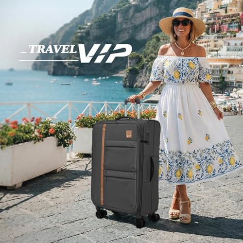 Image of VIP Grande 8 Wheel Check-in (Large Size) Soft Case Trolley Bag | TSA Lock | Expandable Polyester Luggage | 3 Year International Warranty | Anti-Theft Zipper | 81 CM Suitcase for Travel | Black