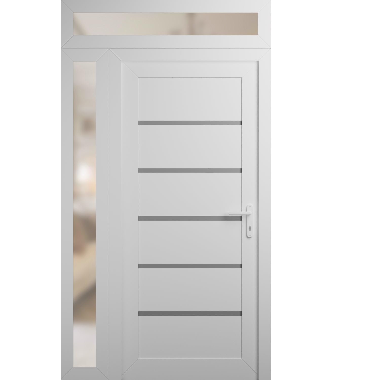 VDOMDOORS Front Exterior Door Prehung 32 x 80 inches | Manux 8415 White Silk | Entry Door with Frame | Metal Sidelite Transom | 1 Sidelites 14" Transom 14" | Left Hand | Front Entry