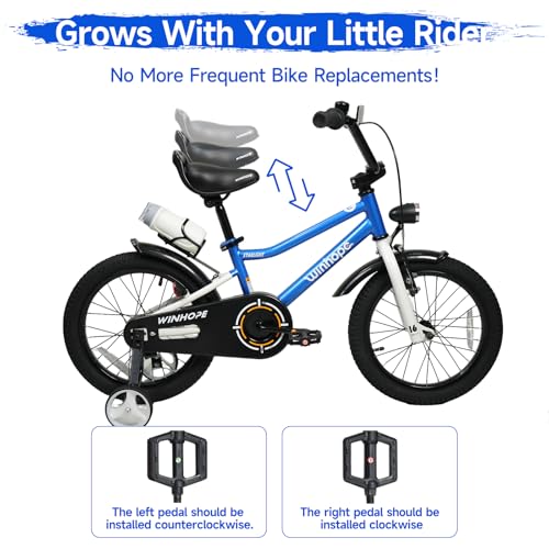 Image of WinHope Kids Bike with Headlight, 12-20 Inch Pedal Bike for 2-12 Boys Girls | Steel Frame with Training Wheels Water Bottle | Dual Brake for Summer Outdoor Riding | Birthday Gift for Toddlers