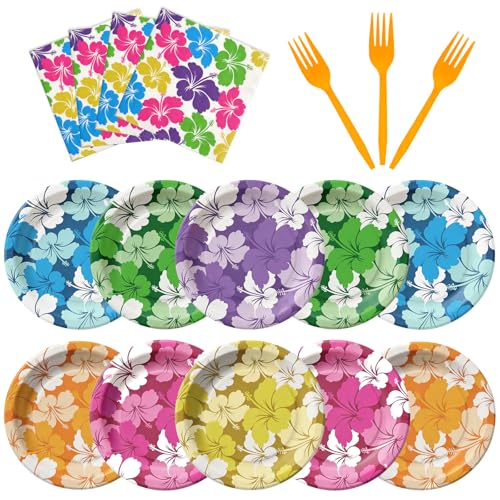 OuMuaMua 72pcs Tropical Hibiscus Party Paper Plates Set 9 Inch Hawaiian Disposable Plates with Napkins and Forks for Summer Party Luau Table Decorations Hawaiian Pool Party Supplies Serve 24 Guests