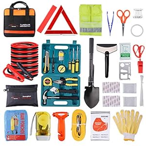 Vetoos Car Roadside Emergency Kit with Jumper Cables, Auto Vehicle Safety Road Side Assistance Kits, Winter Car Kit Essentials for Women and Men, with Car Repair Tool Set, Folding Survival Shovel