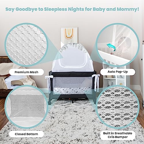 Premium Pack n Play Tent, Mini Crib Tent to Keep Baby from Climbing Out, Auto Pop Up Pack and Play Tent with Auto-Lock Zippers, Thick Velvety Breathable Mesh (Stars & Moons - Ruffles)