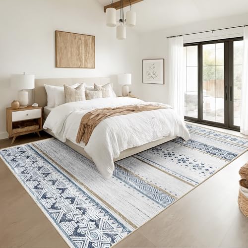 BESTSWEETIE 8x10 Area Rugs for Living Room Washable Moroccan Farmhouse Neutral Geometric Low Pile Non-Slip Soft Print Pattern Rug for Bedroom Kitchen Dining Room Entryway Blue/Brown - Image 8