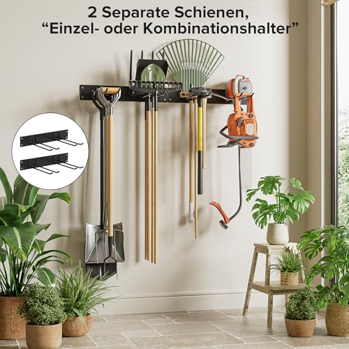 Urban Deco Metall-Gartengerätehalter, Gerätehalter Wandhalterung 150kg Tragkraft mit 4 Doppelhaken & 2 Paneele – Aufhängung für Gartenwerkzeug in Garage, Garten, Keller (Schwarz)