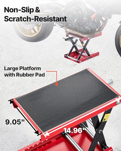 Image of VEVOR Motorcycle Lift, 1100 lbs Motorcycle Scissor Lift Jack with Wide Deck & Lock Pin, 3.74 inch-13.38 inch Center Hoist Crank Stand, Steel Scissor Jack for Street Bikes, Cruiser Bikes, Touring, Red /Black