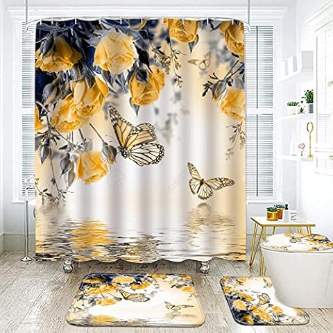 NEWSUYAA 4 Pcs/ Set Flowers and Butterflies Shower Curtain with Bath Rugs Bathroom Accessory Sets ,Yellow Floral Butterfly Bathtub Curtains Area Rug Mats Toilet Lid Cover Hooks Mats Decor (Yellow) Cover