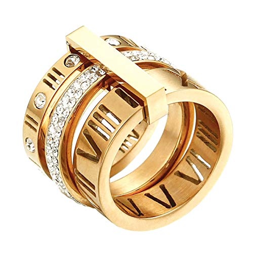 SINLEO Stainless Steel CZ Zirconia Roman Numeral Ring for Women 3 in 1 Trinity Wedding Band Spinner Rings Gold Size 7.5