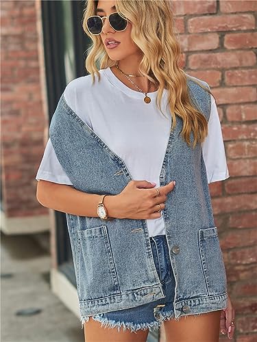 Image of PAODIKUAI Women's Oversized Denim Vest - Sleeveless Distressed Jean Vest with Pockets for Casual Layering