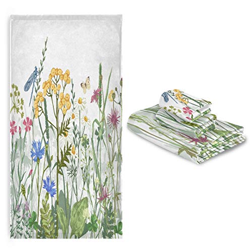 One Bear Flower Towel Set, Vintage Wild Flowers Colorful Herbs Botanical Bragonfly Butterfly Bath Towels Soft High Absorbent Hand Towels, Yoga Gym Spa Hotel Face Towel Washcloth 3 Piece #TOP6