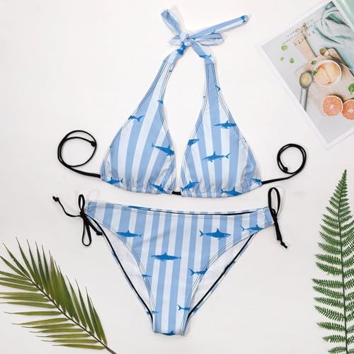 Ensemble bikini string dos nu chic à rayures requin confectionné pour femme