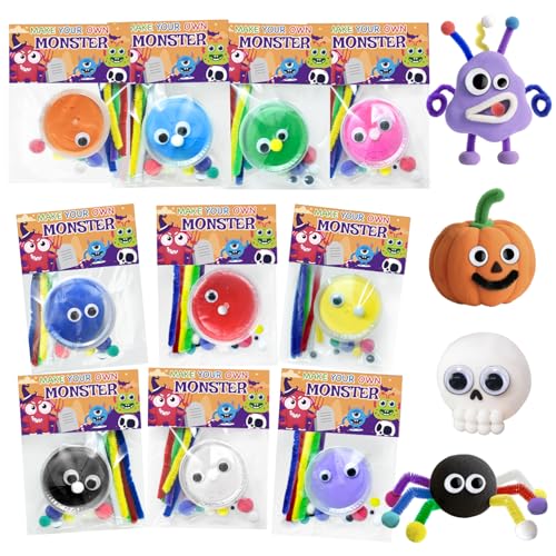 NAXYAN 16 Packs Halloween Party Favors DIY Halloween Monster Air Dry Clay Crafts Kits for Kids Halloween Treats Non Candy Toys Gifts Bulk for Classroom