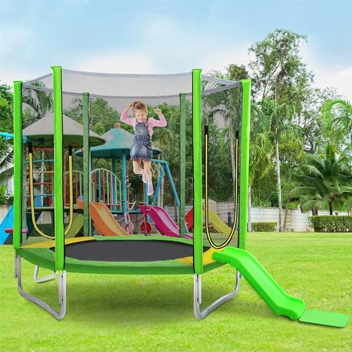 Aptliton Trampoline Kids with Slide 7FT Hexagonal Trampolines with Safety Encloser Netting Jumping Mat Safety Pad and ladder Toddler Trampoline Great for Children's Gift Suitable for Outdoor Indoor