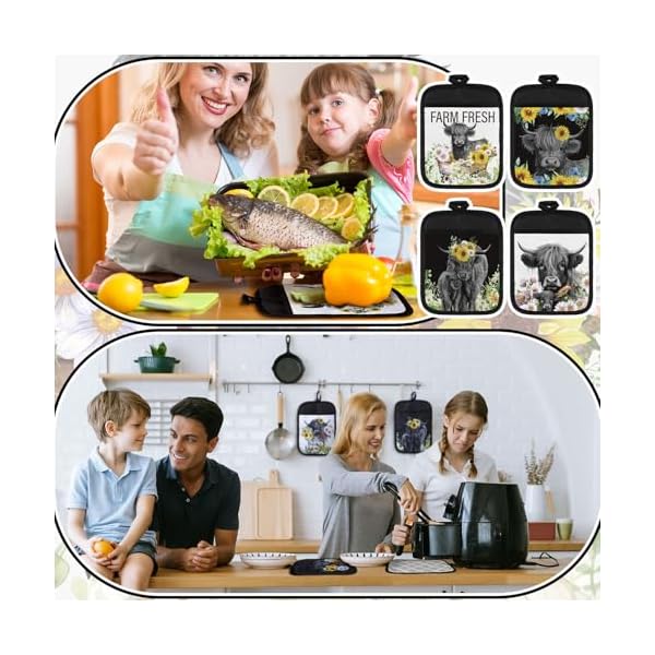   12-Pcs-Highland-Cattle-Pot-Holders-with-Pocket-Sunflower-Cow-Pot-Holders-for-Kitchen-Hot-Pads-and-Oven-Mitts-Floral-Farmhouse-Oven-Gloves-for-Funny-Gift-Baking-Cooking