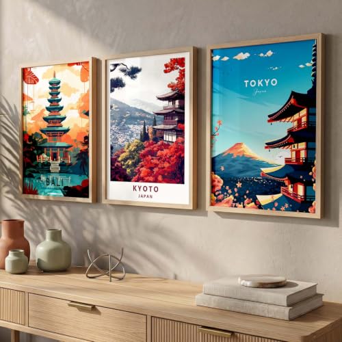 Image of kotart Japanese City View Wall Framed Posters | Aesthetic Japan Theme City View Framed Poster for Living Room Bedroom Gaming Room Studio Wall Decor Set Of 3 (14x20 Inch)