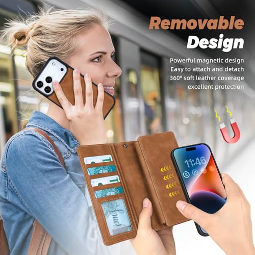 TwoHead Wallet Case Compatible with iPhone 17 Pro,Detachable,Magnetic,11 Cards Holder,PU Leather All-Round Protective Phone Case with Change Pocket(6.3 in,Brown) by TwoHead - Image 4