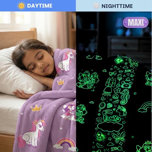 Image of Famyo GlowMaxx Glow Blanket for Kids - Mira the Mermaid | Soft Flannel Double Bed Blanket 200x152 cm | Glow in Dark Winter Blanket | Safe & Lab-Tested | Best Gift for Kids (Purple)
