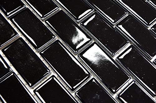 Mosaico azulejos cerámica Brick negro brillante cocina pared posterior protección contra salpicaduras MOS24-4BG_f
