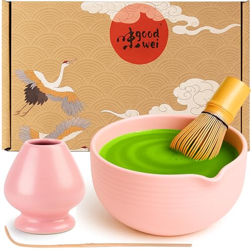 Goodwei Ensemble Thé Matcha | Bol à matcha artisanal Chawan avec bec verseur, cuillère e fouet à matcha avec support à fouet en céramique au design assorti | Coffret cadeau (Camellia Rose)