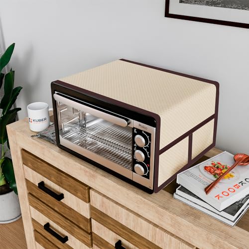 Image of Kuber Industries Oven Top Cover | Microwave Oven Top Cover | Microwave Cover with 4 Utility Pockets | Oven Cover for Kitchen Decor | Dot Design Oven Top Cover | 50 LTR | Golden