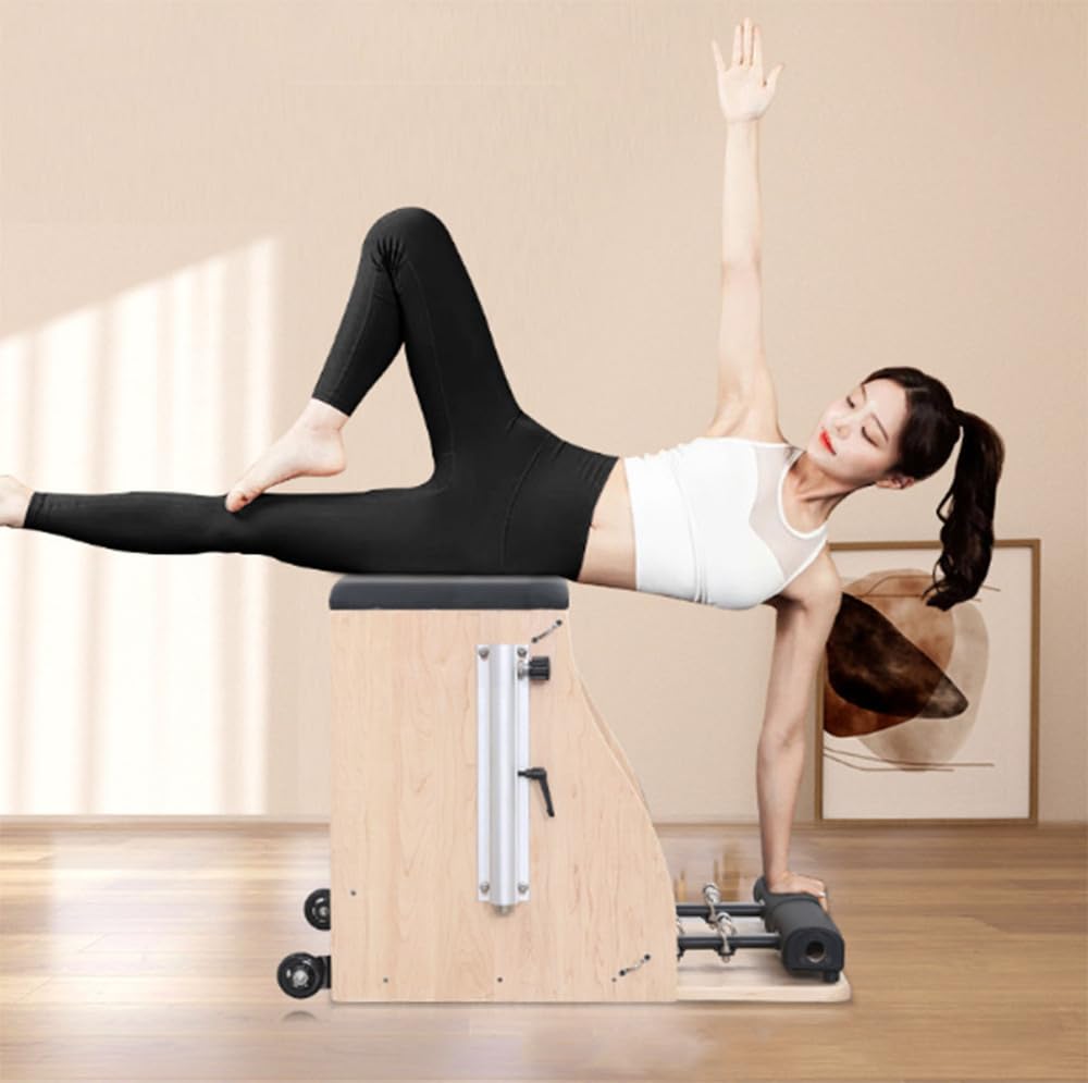 Asiento de Pilates de PU y Madera para Reformer, Corrector de Postura, Barril de Pilates, Silla de Pilates con Pedales y Asas divididos para Yoga, Set Multifuncional de Reformer de Pilates.