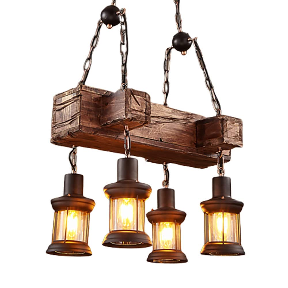 PLQWUJD Exquisite Chandelier Rustic Wood Beam Chandelier Vintage Industrial Chain Hanging Pendant Light with Lantern Shades Farmhouse Wooden Ceiling Lighting Fixture for Dining Room Kitchen Island