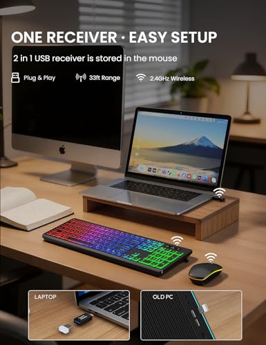 Image of Wireless Keyboard and Mouse Combo, RGB Backlit, Rechargeable & Light Up Letters, Full-Size, Soft Typing, Sleep Mode, 2.4GHz Quiet Keyboard Set for Mac, Windows, Laptop, PC, Trueque KM42Pro (Black)
