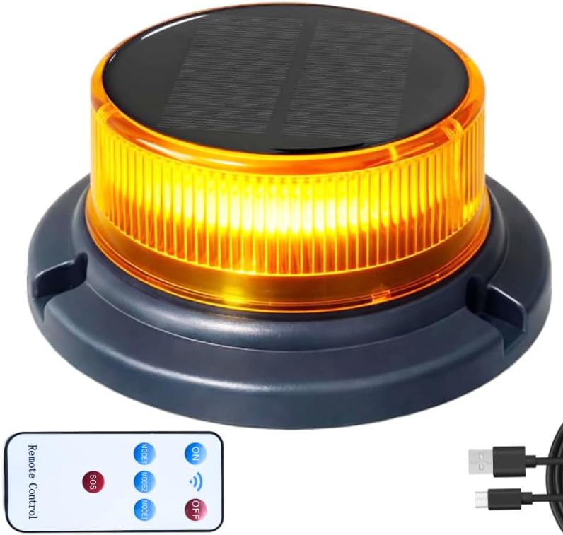 Solar Amber Warning Light with Remote, USB‑C Rechargeable Magnetic Beacon