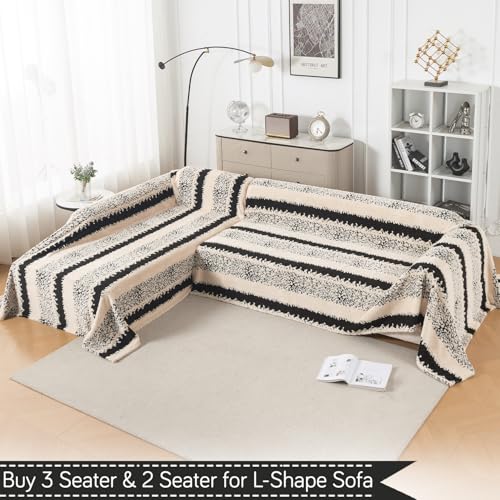 Image of HOKIPO Soft Plush Sofa Throw Cover for 2 Seater Sofa - Luxury All-Season Sofa Cover, 'Noirea Series' Textured Stripe (180x250 cm) (AR-6652-D2)
