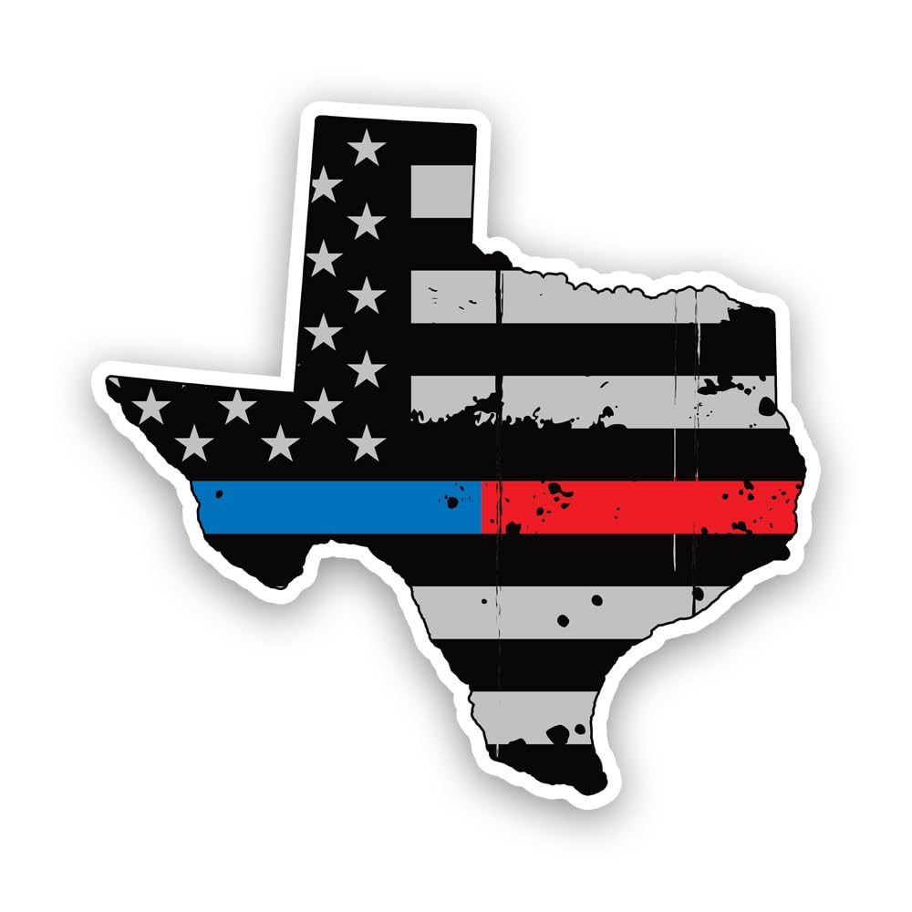 Distressed Thin Blue Red Line Texas State Shaped Subdued US Flag Sticker Decal - Self Adhesive Vinyl - Weatherproof - Made in USA - USA American Flag First Responder tx 4" Wide