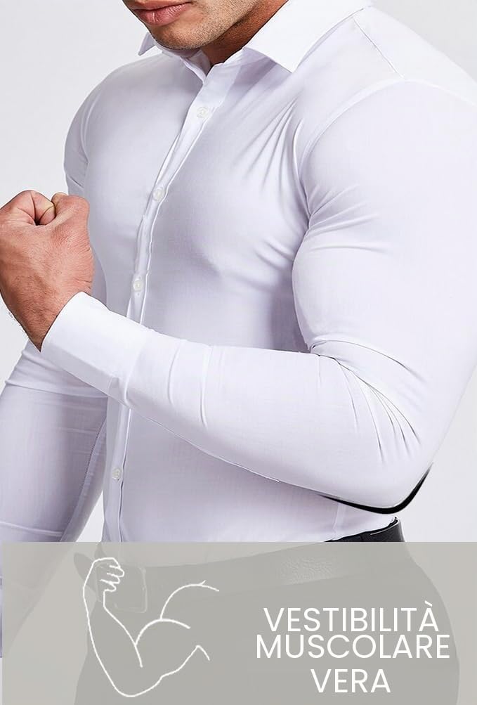camicia da uomo, aderente, maniche lunghe, elasticizzata, casual, con bottoni