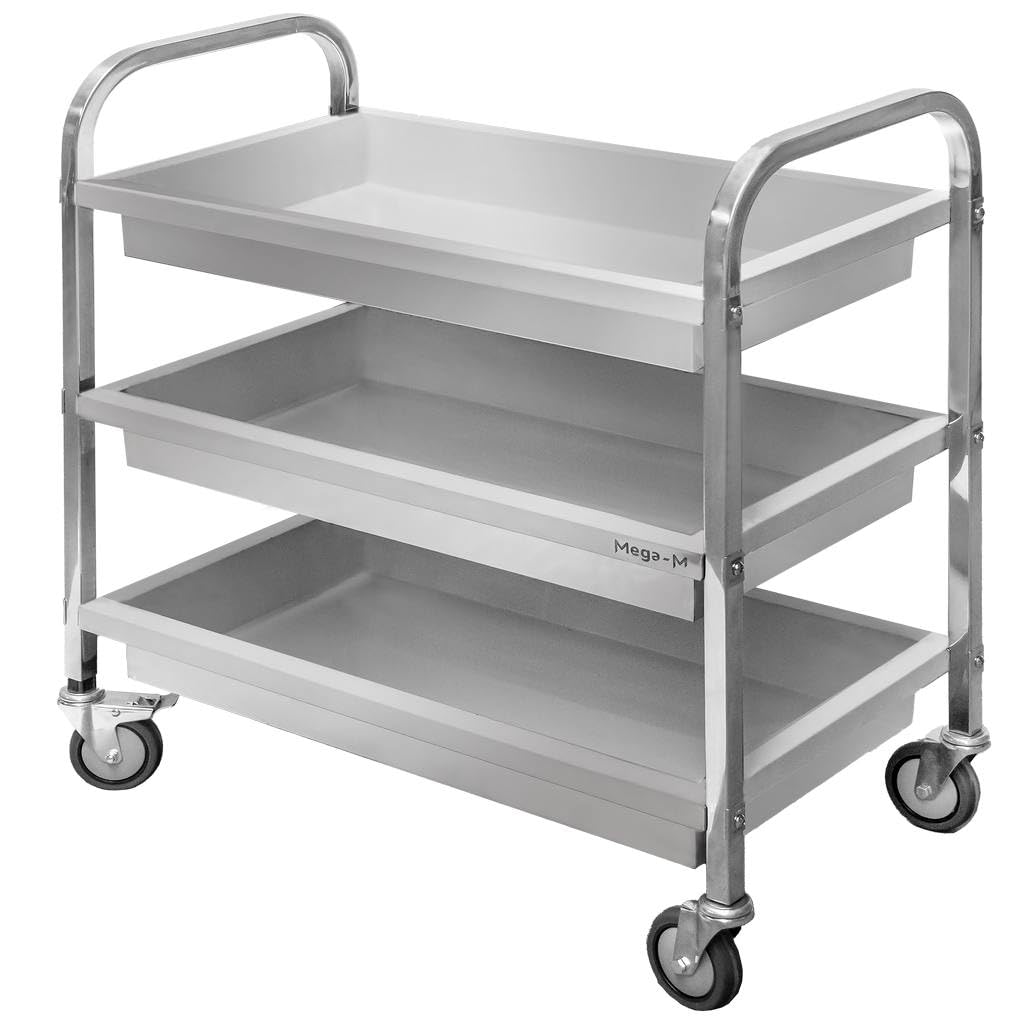 Mega-M Carro de servicio de acero inoxidable, 3 niveles, 95 x 50 x 95 cm, con 4 ruedas giratorias y frenos, color plateado y negro
