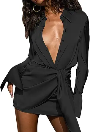 SHESEEWORLD Women's Sexy Long Sleeve V Neck Button Tie Waist Bodycon Satin Wrap Club Party Mini Dress