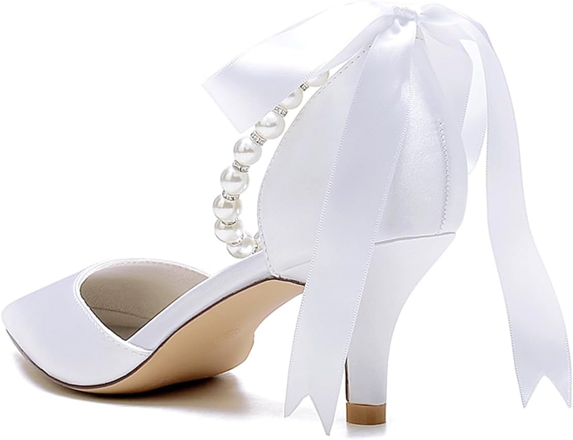 Women's Pointed Toe Kitten Heels Satin Bridal Pumps Ankle Strap Pearls Stilettos Wedding Prom Party Dress Shoes - Image 2