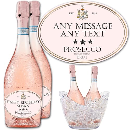 Party People Personalised Prosecco Labels - 2 Bottle Labels with Any Name & Message on self adhesive gloss labels ready to cut out - Pink