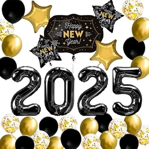 JOJO FLY New Years Eve Party Supplies 2025, Black 2025 Balloons, Happy New Year Foil Balloons, Gold and Black Balloons Set, Gold Star Mylar Balloons, New Years Eve Party Decorations Kit Cover