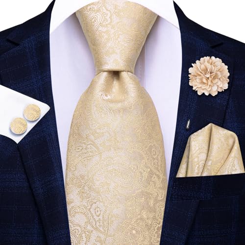Image of Hi-Tie Men Champagne Paisley Pre-tied Bowties and Tie Set Necktie Bow Tie Pocket Square Cufflinks Lapel Pin 5Pcs Set Tuxedo Suit